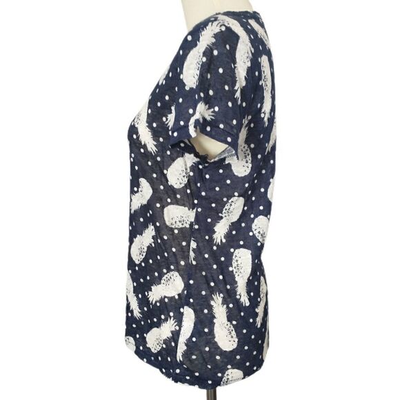 Linen Pineapple Top T Shirt Pullover Small Raw Neckline Navy Blue White Novelty. - Picture 4 of 14